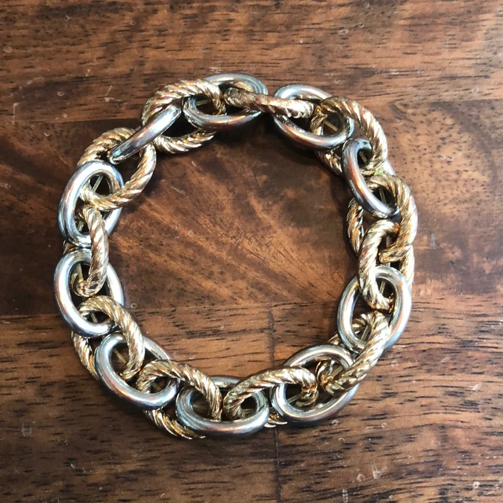 Goldtone Bracelet Bundle Lot 9 Piece Stacking Bangles Chunky Chain Faux Pearl